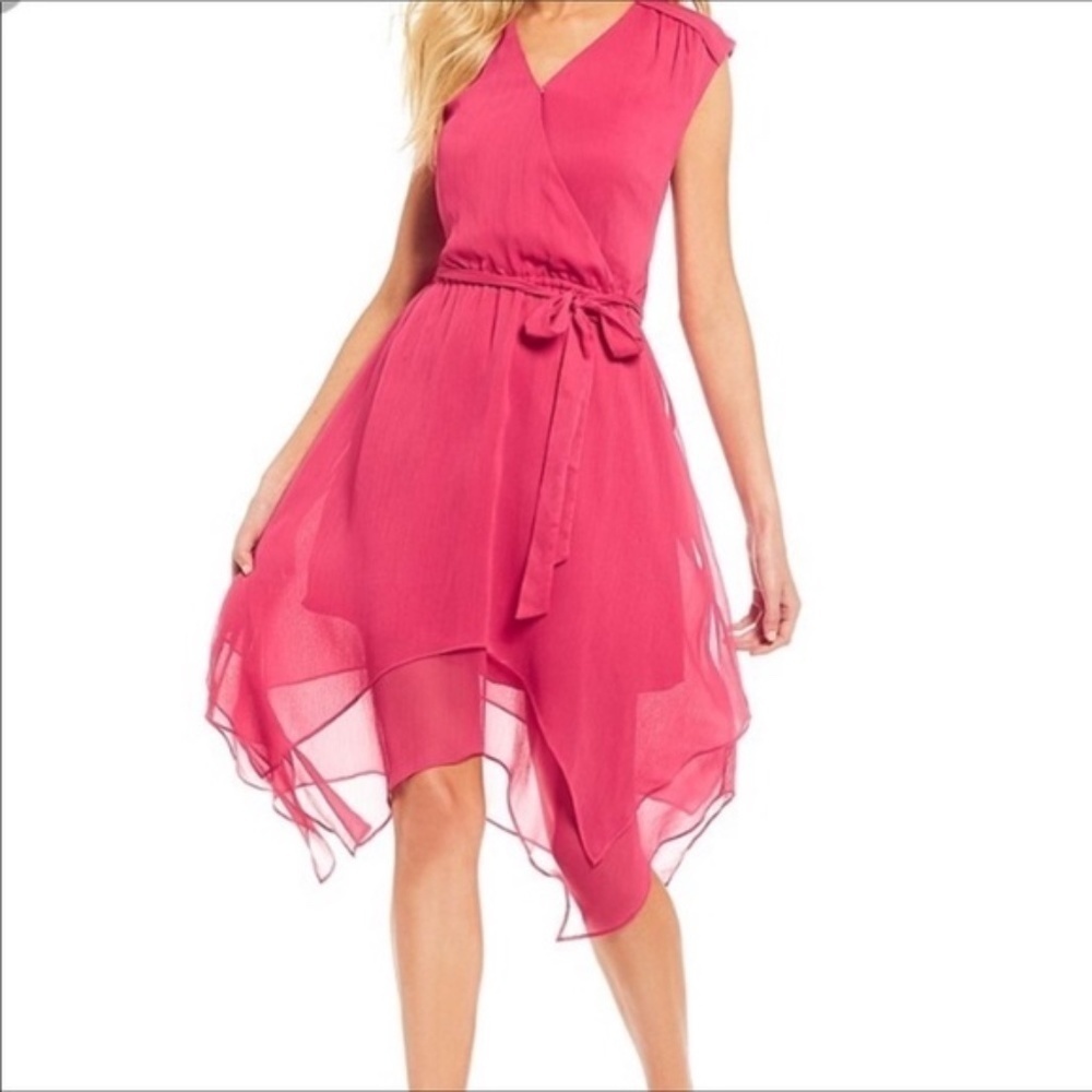 H by Halston Hot Pink Asymmetrical Handkerchief Hem Dress